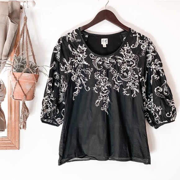 Anthropologie Black White Floral Embroidered Top - Picture 2 of 5